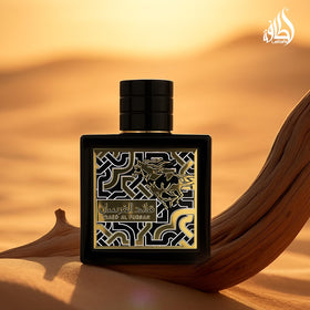Lattafa amber-hued oil texture close-up showing depth and warmth benefit: rich base impression