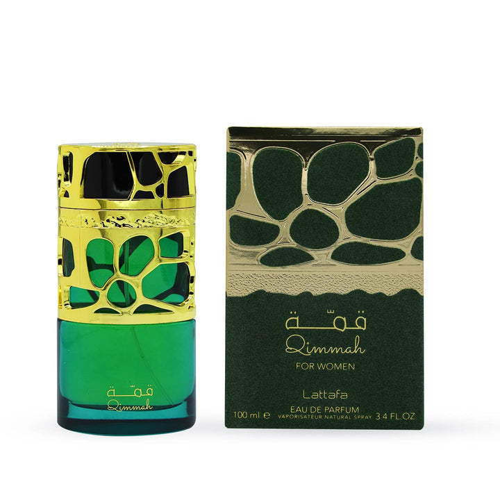 Lattafa Qimmah front bottle showing elegant packaging and instant visual appeal