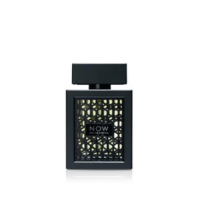 Lattafa Rave Now front bottle view showing sleek black geometric design and premium appeal