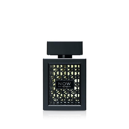 Lattafa Rave Now front bottle view showing sleek black geometric design and premium appeal