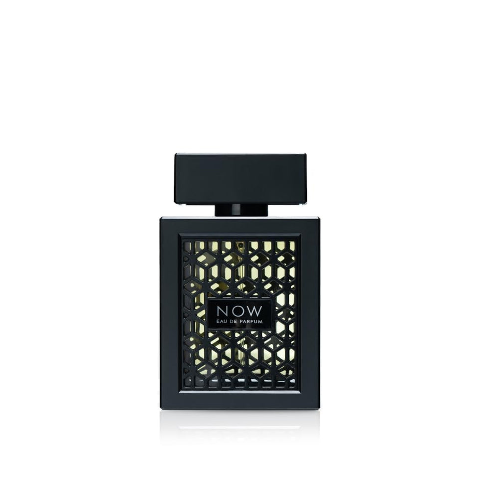 Lattafa Rave Now front bottle view showing sleek black geometric design and premium appeal