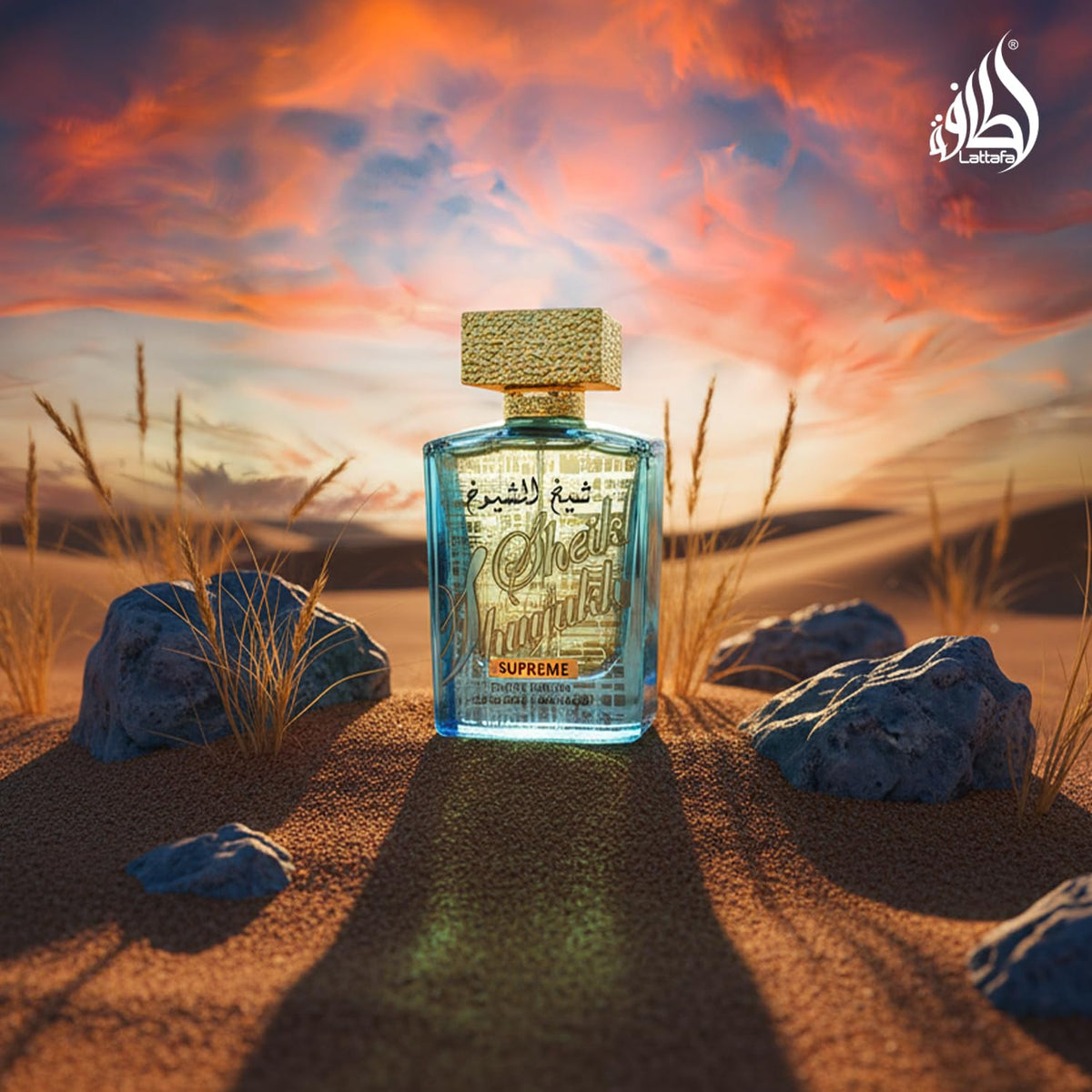 Lattafa ingredient flatlay with cinnamon, saffron, caramel showing scent story