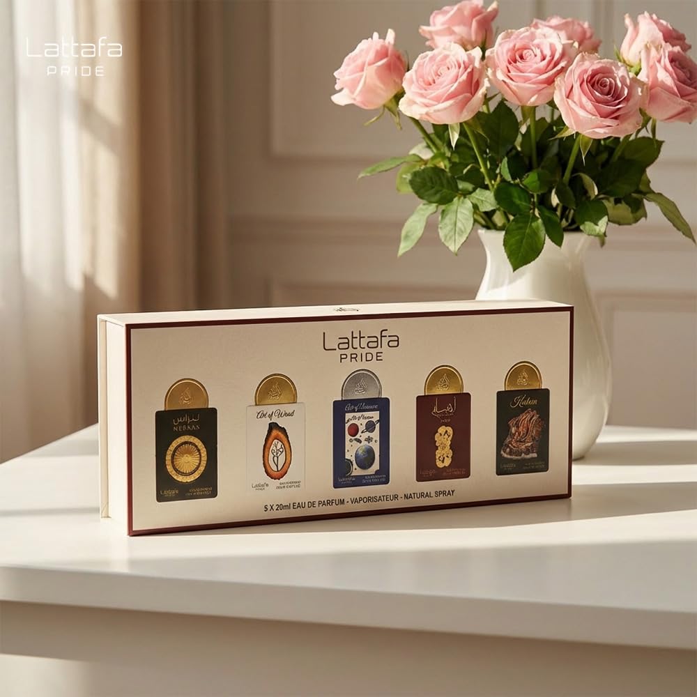 Lattafa size scale next to hand illustrating compact 20ml bottles for portability