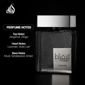 Lattafa Suqraat 3.4 oz bottle beside a ruler to show true size