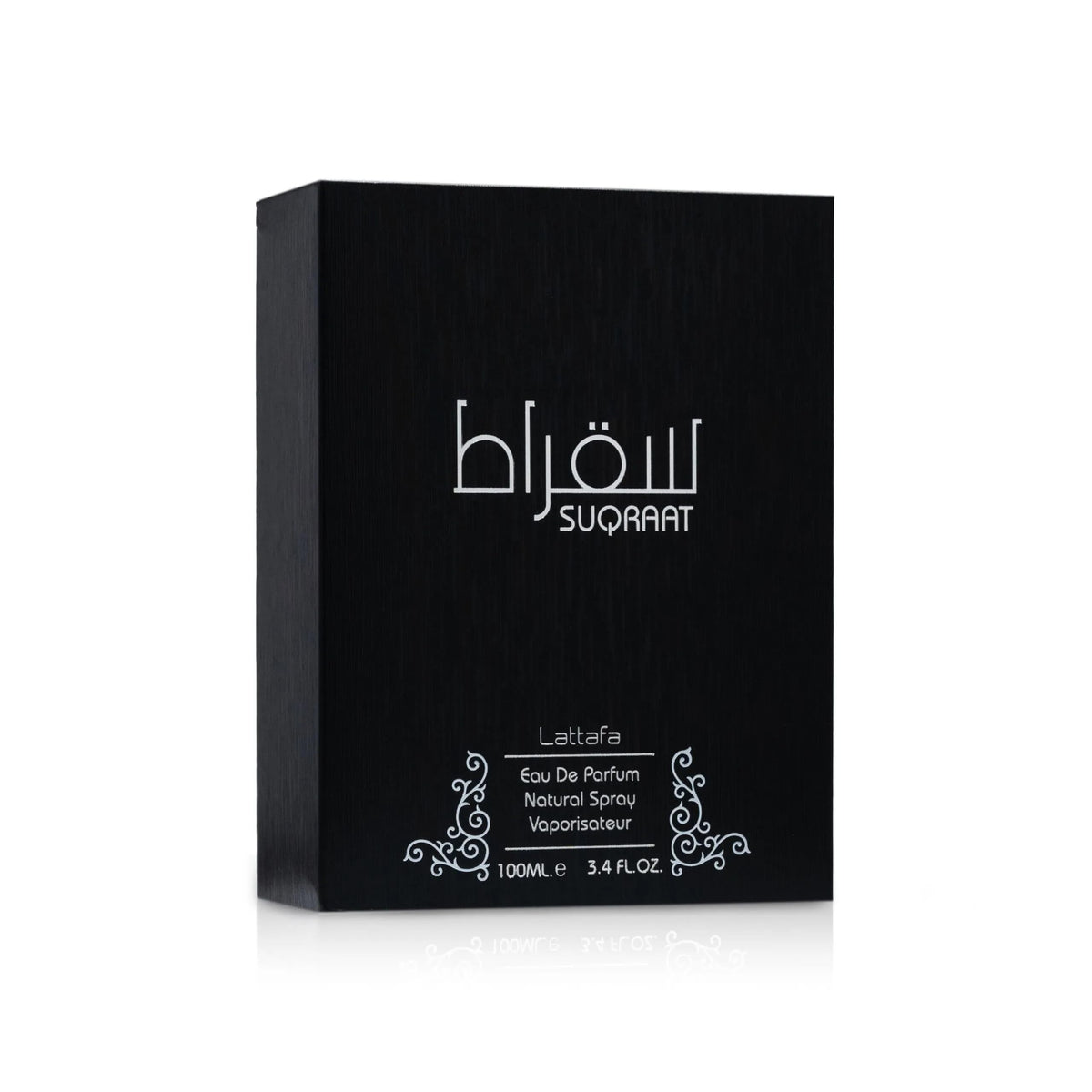 Lattafa Suqraat boxed packaging highlighting brand and size benefit