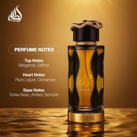 Lattafa Teriaq Intense amber-toned close-up illustrating warm color and richness