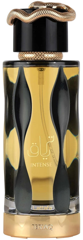 Lattafa Teriaq Intense front bottle showing elegant design and confident appeal