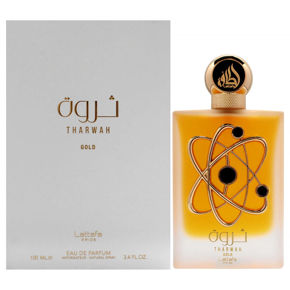 Lattafa Tharwah Gold front bottle view showcasing elegant packaging and sweet floral appeal