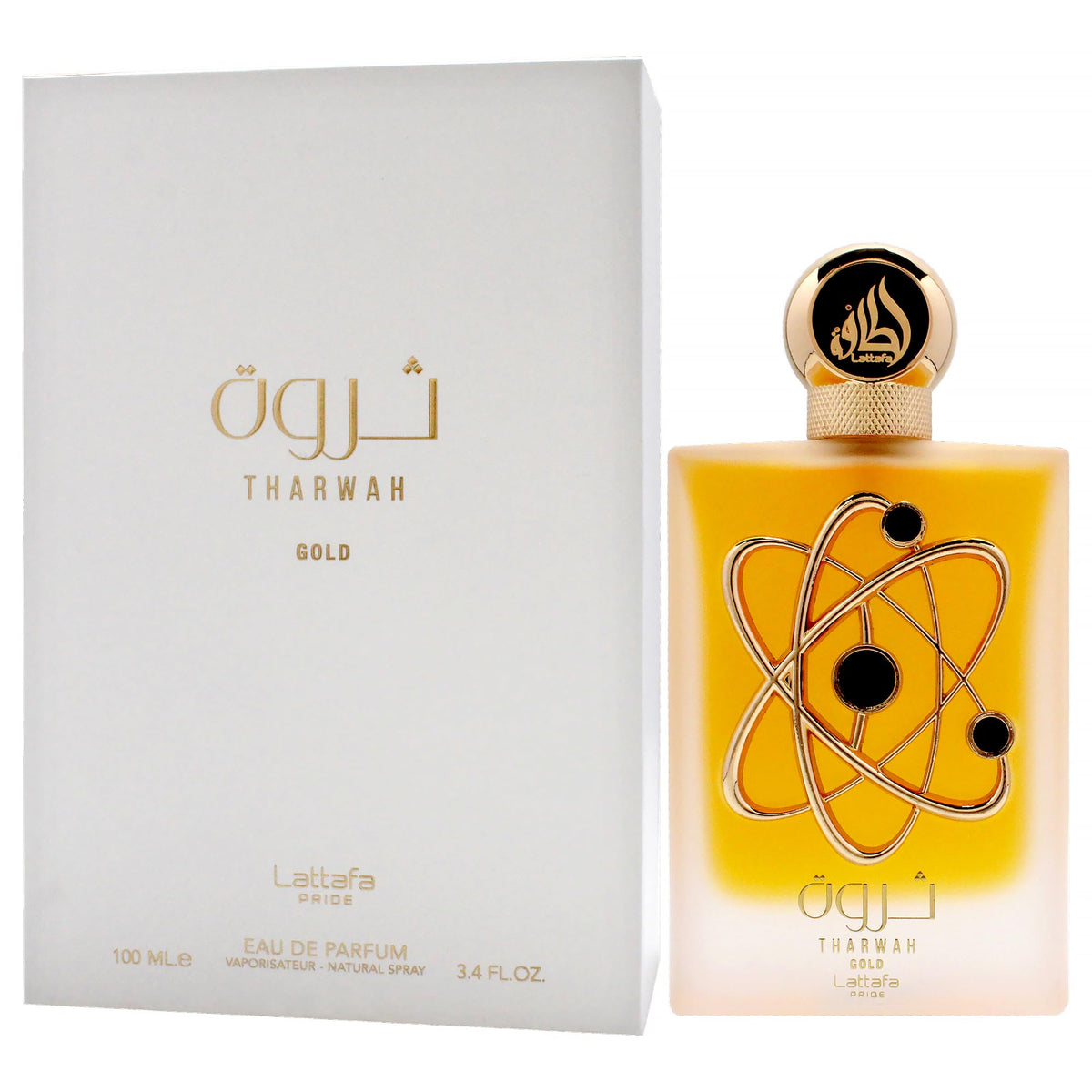 Lattafa Tharwah Gold label closeup featuring listed notes and refined unisex branding