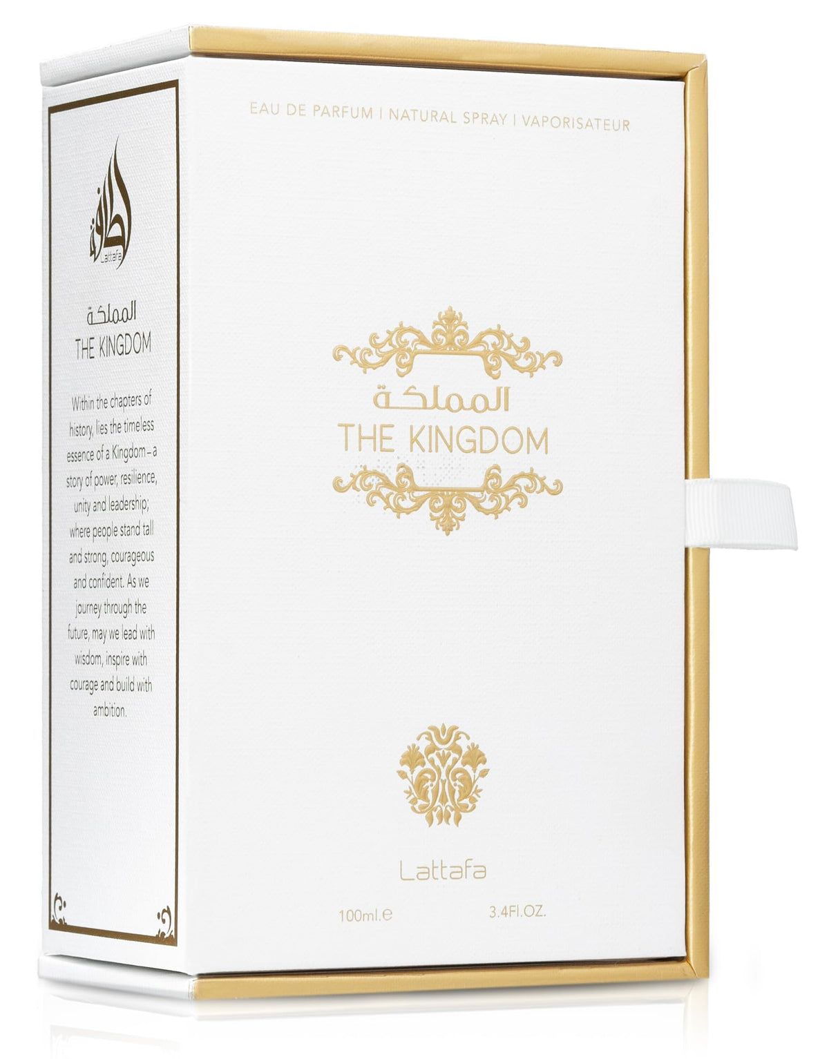 Close-up of Lattafa The Kingdom label highlighting fragrance name and notes