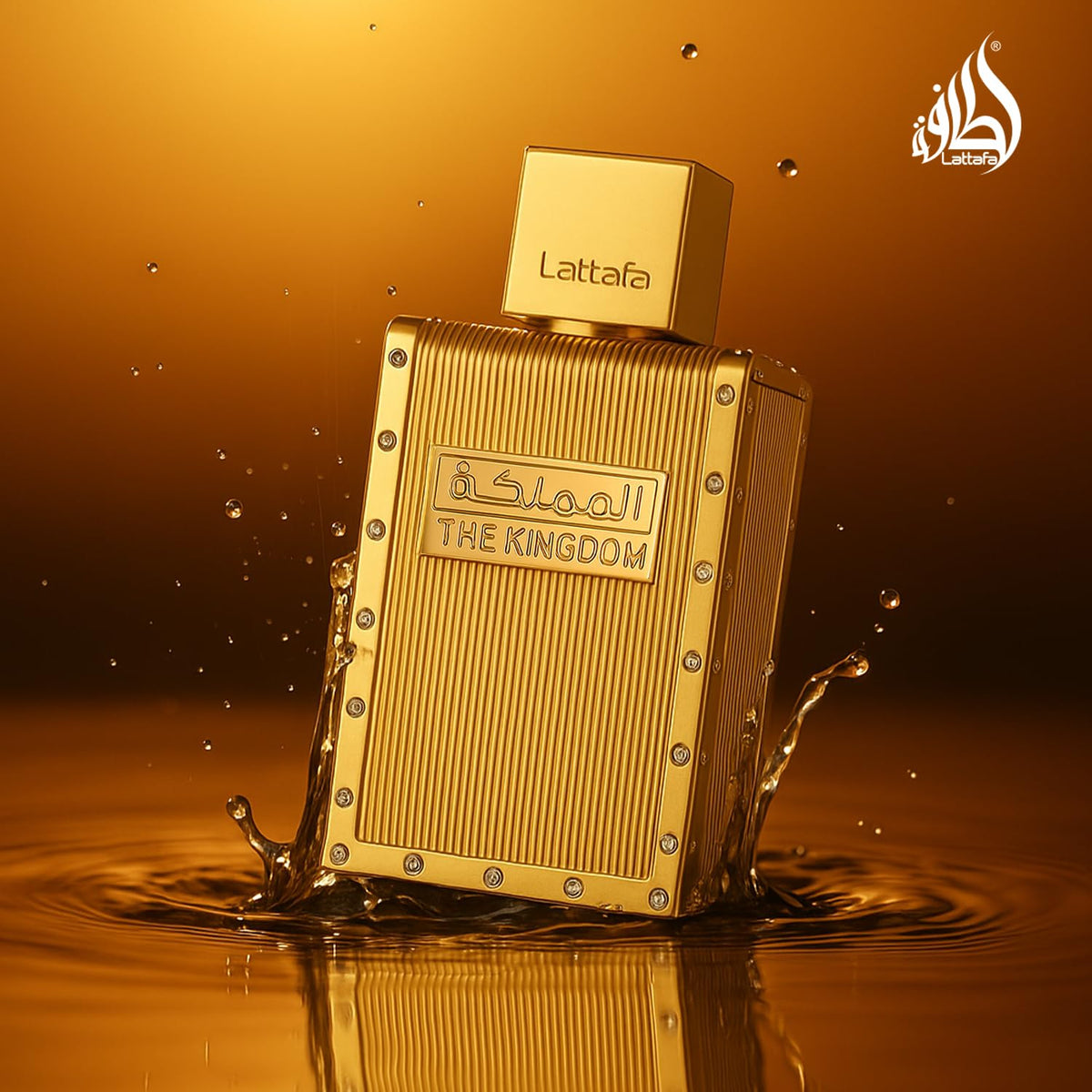 Lattafa The Kingdom bottle in hand to show 3.4 oz scale and real-world size