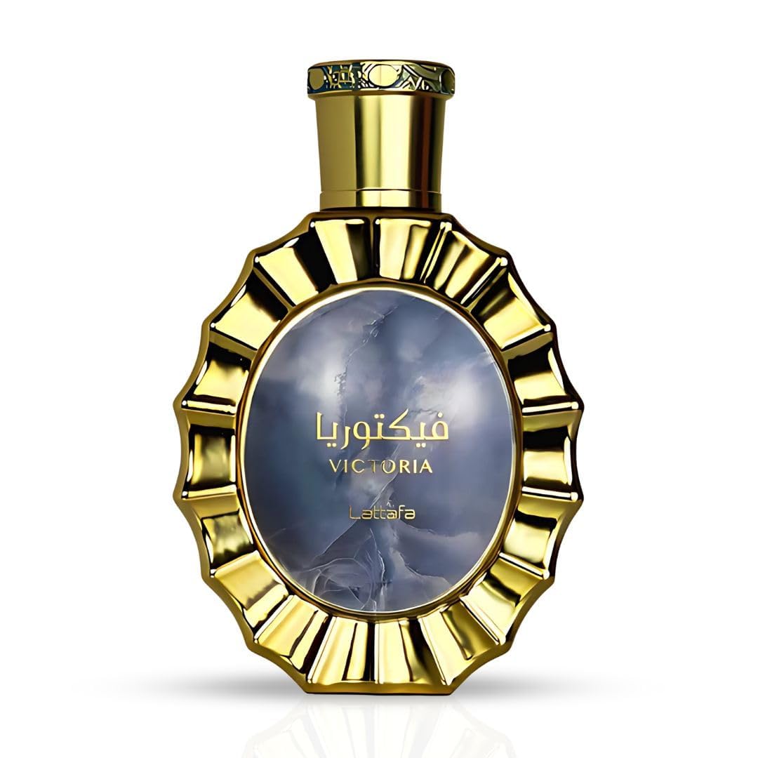 Lattafa Victoria front bottle showing elegant label and sleek glass — brand clarity and appeal