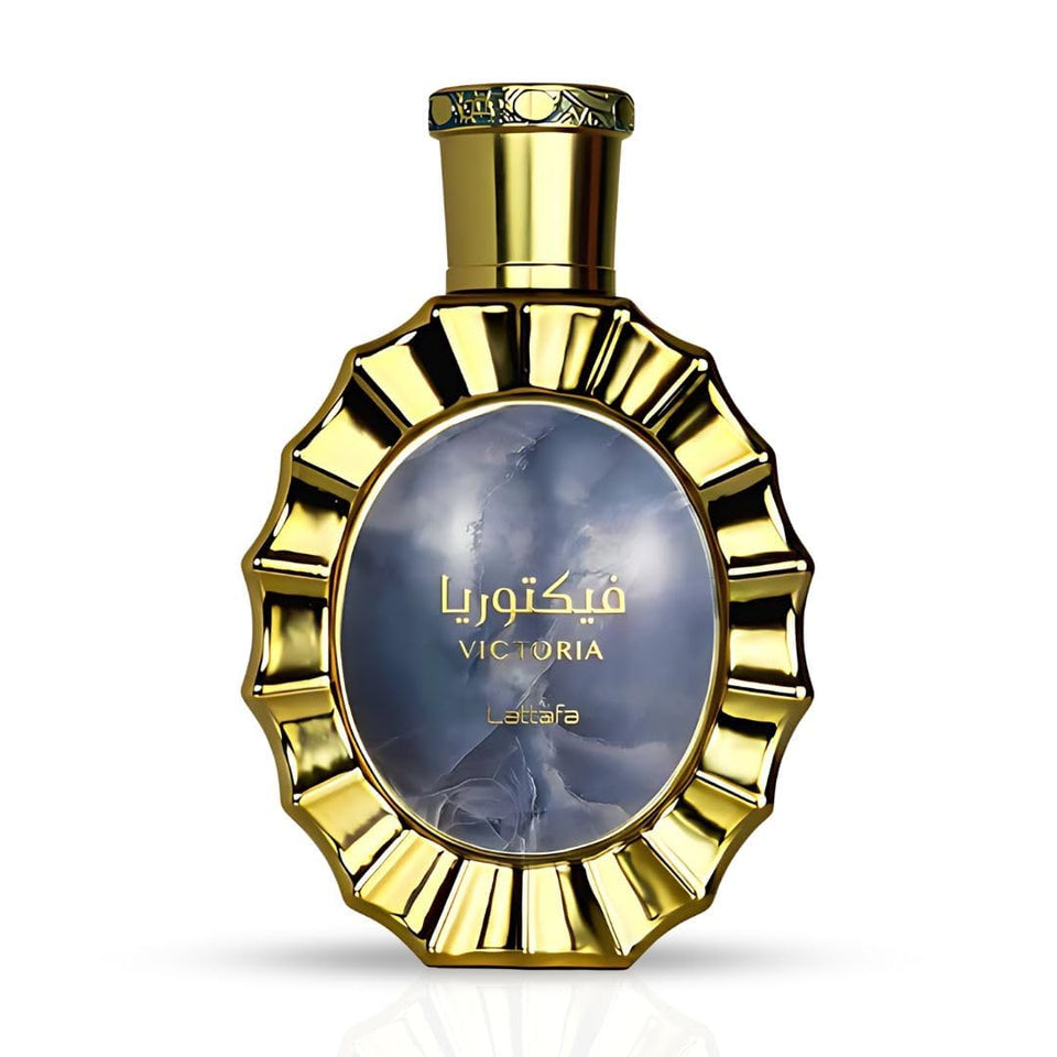 Lattafa Victoria front bottle showing elegant label and sleek glass — brand clarity and appeal
