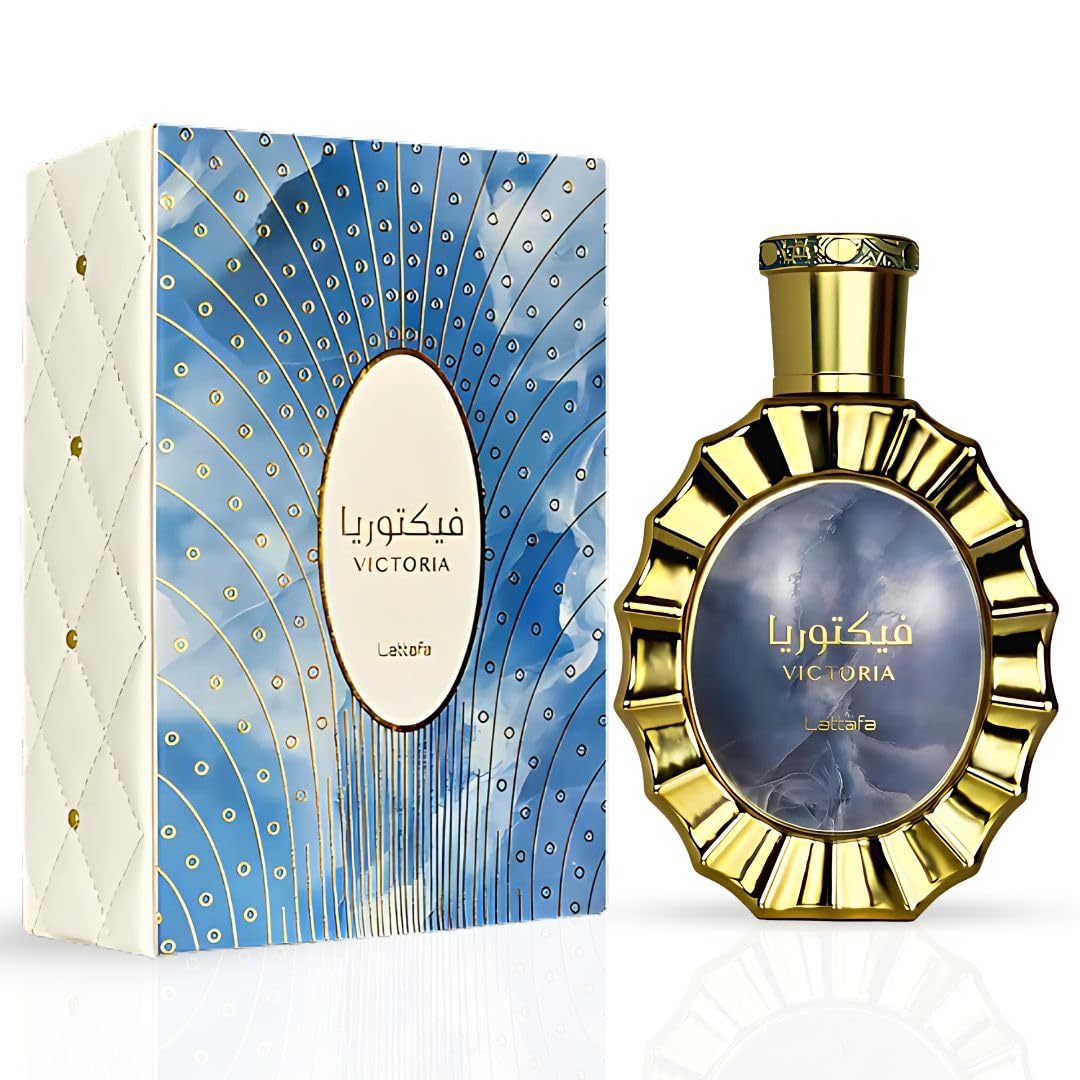 Lattafa Victoria side profile capturing bottle shape and liquid color — brand design focus
