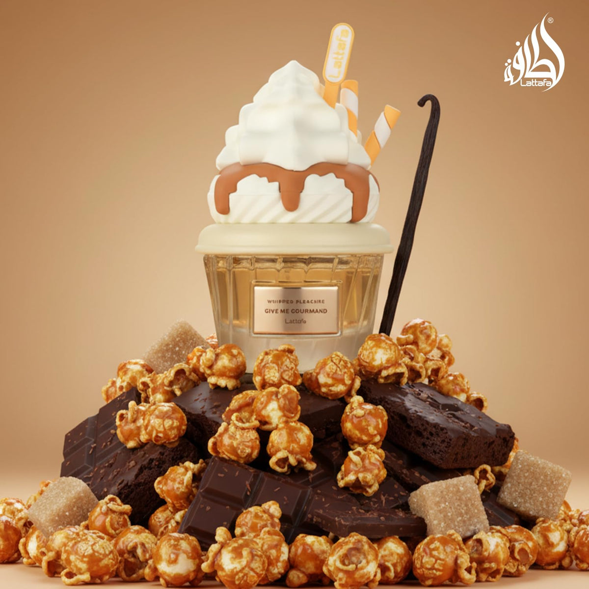 Lattafa-inspired popcorn and caramel texture evoking the fragrance's gourmand core