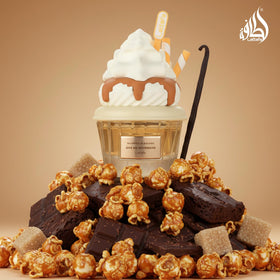 Lattafa-inspired popcorn and caramel texture evoking the fragrance's gourmand core