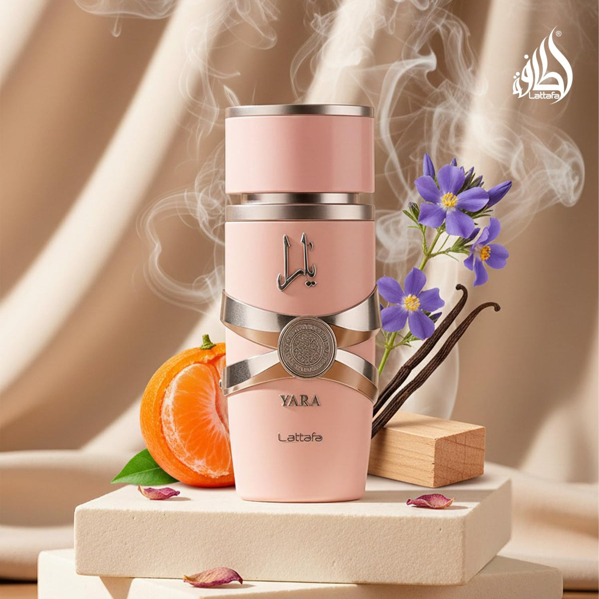 Lattafa Yara bottle on vanity lifestyle scene suggesting everyday luxury
