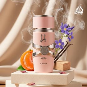 Lattafa Yara bottle on vanity lifestyle scene suggesting everyday luxury