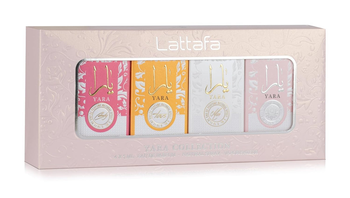 Lattafa close-up of the four Yara 5 ml bottles highlighting labels and caps