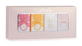 Lattafa close-up of the four Yara 5 ml bottles highlighting labels and caps