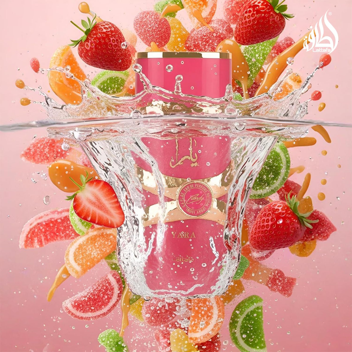 Lattafa Yara Candy 100ml held next to a common object showing true size benefit