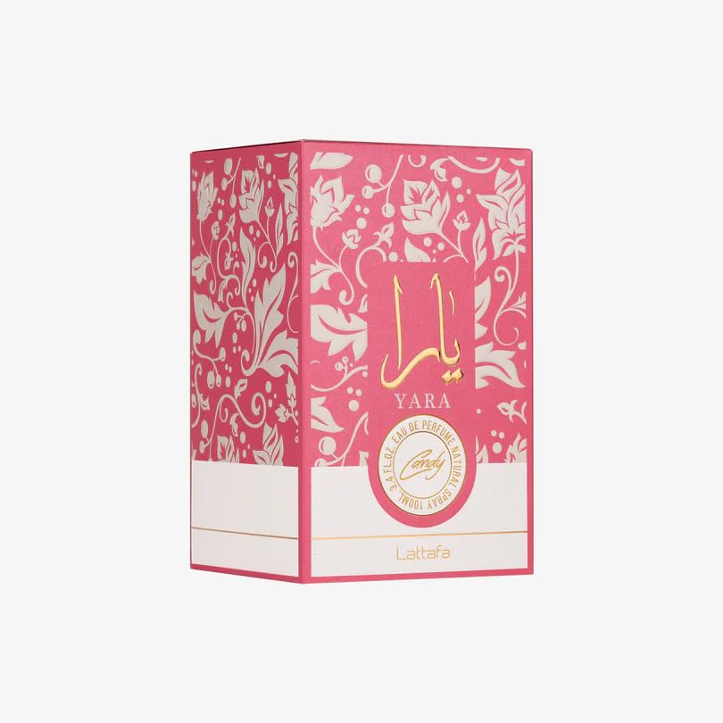 Lattafa Yara Candy box beside bottle indicating complete packaged product benefit