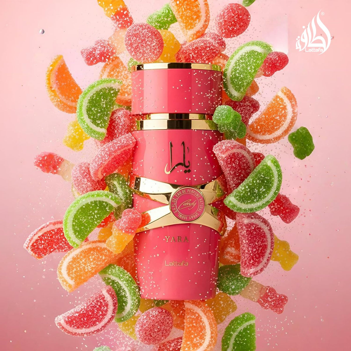 Lattafa Yara Candy poured drop and splash depicting syrupy texture benefit