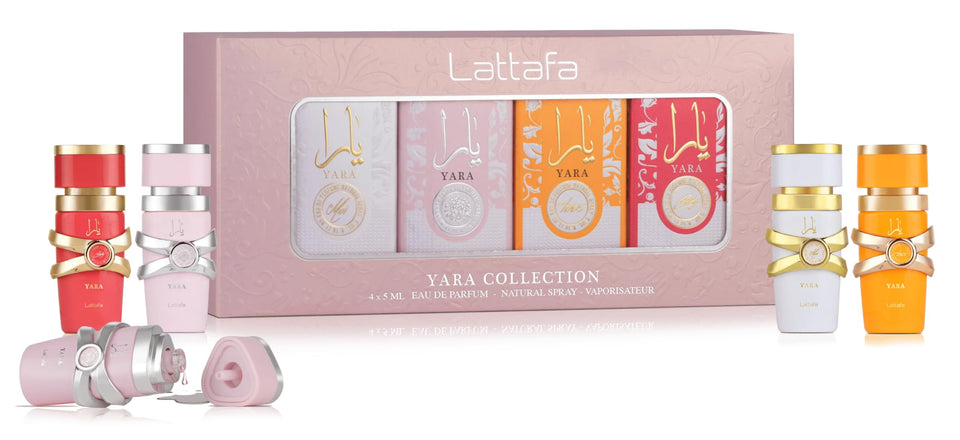 Lattafa Yara collection front packaging showing four 5 ml bottles for gifting