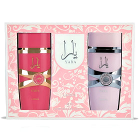 Lattafa Yara gift box front view showing both bottles and anniversary packaging benefit
