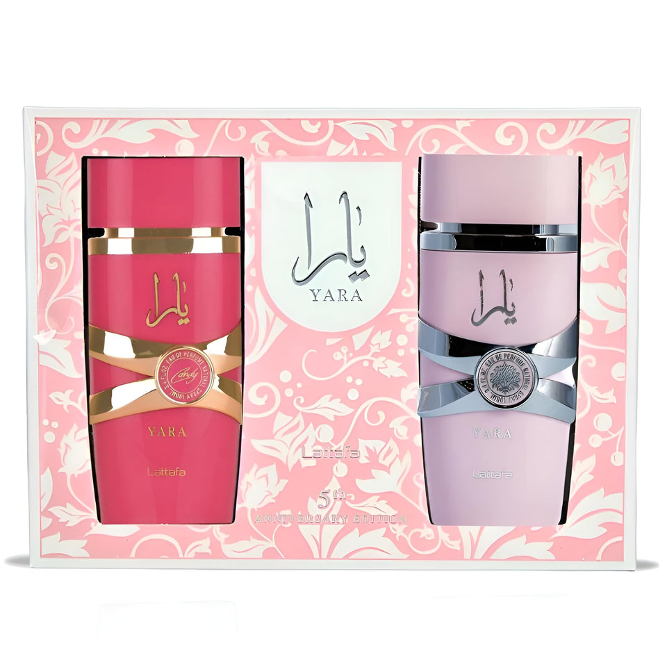 Lattafa Yara gift box front view showing both bottles and anniversary packaging benefit