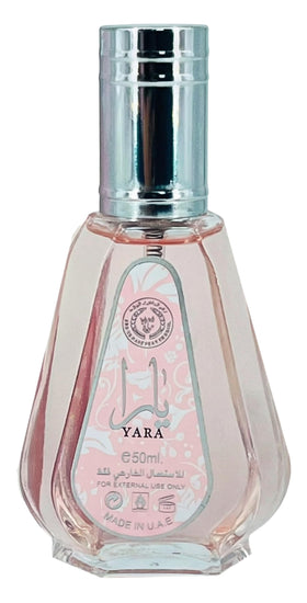 Lattafa Yara front bottle showing elegant design and travel-friendly size