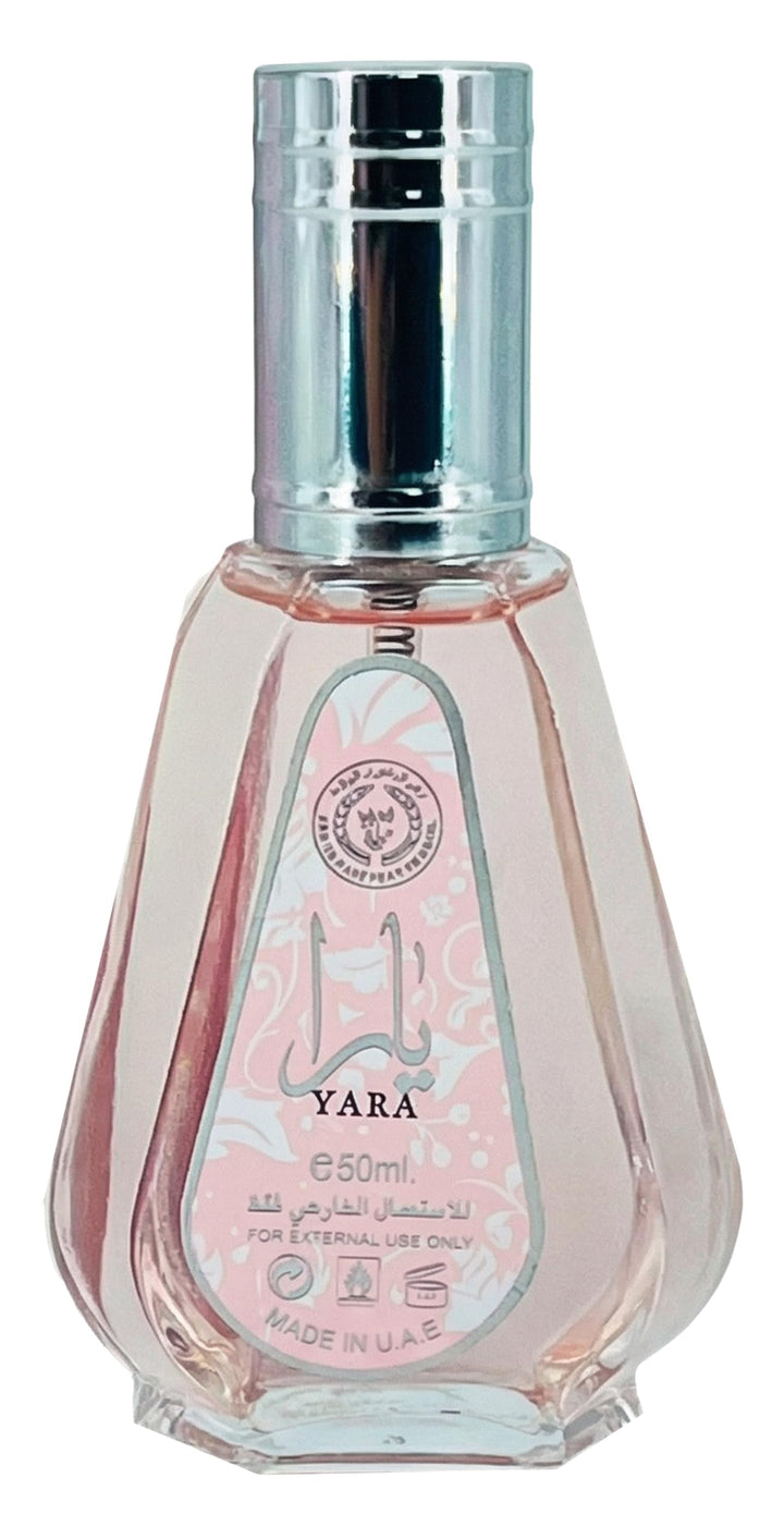 Lattafa Yara front bottle showing elegant design and travel-friendly size