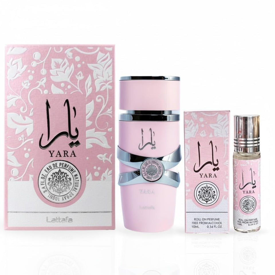 Lattafa Yara front packaging showing bottles and elegant design for versatile wear