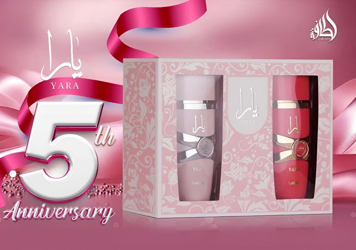 Lattafa Yara gift box in a styled scene as a present-ready option for gifting