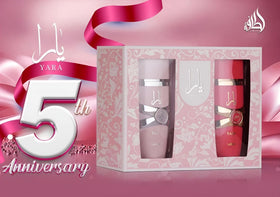 Lattafa Yara gift box in a styled scene as a present-ready option for gifting