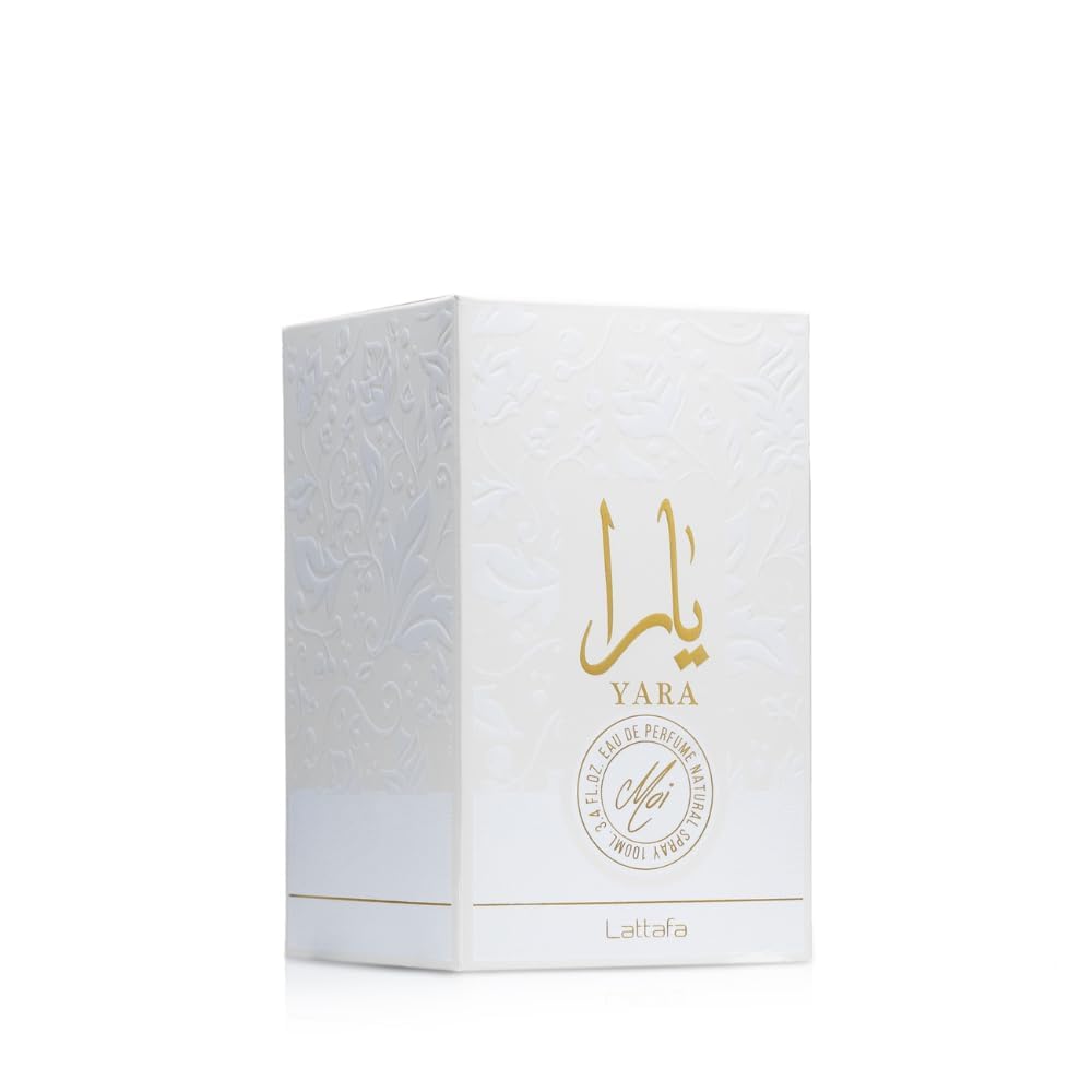 Lattafa Yara Moi bottle next to its box highlighting packaging and gift-ready look