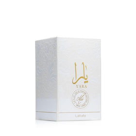 Lattafa Yara Moi bottle next to its box highlighting packaging and gift-ready look