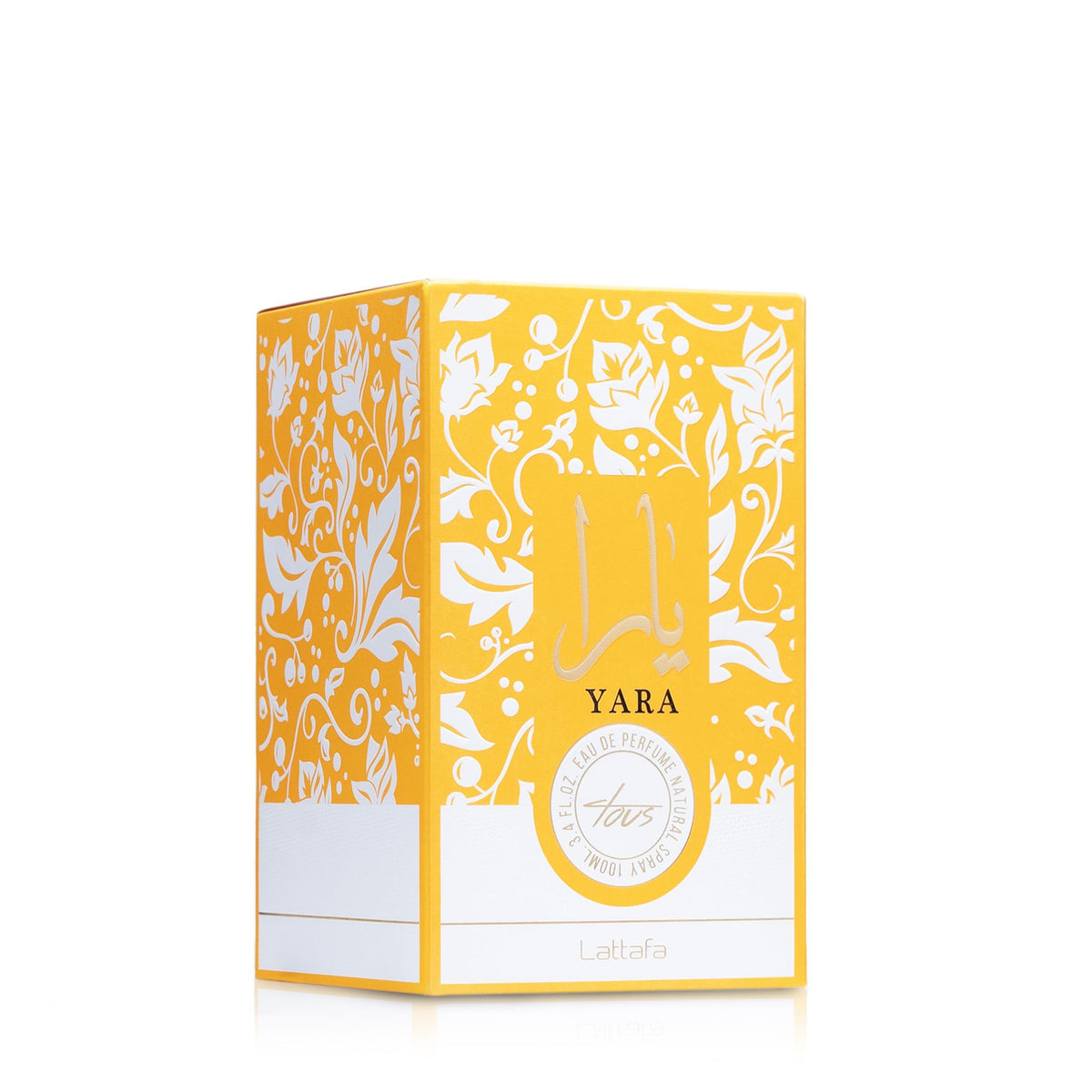 Lattafa Yara Tous angled bottle close-up on label, displays brand and fragrance details