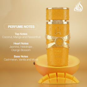 Lattafa Yara Tous fragrance mist in air, illustrates tropical fruity projection