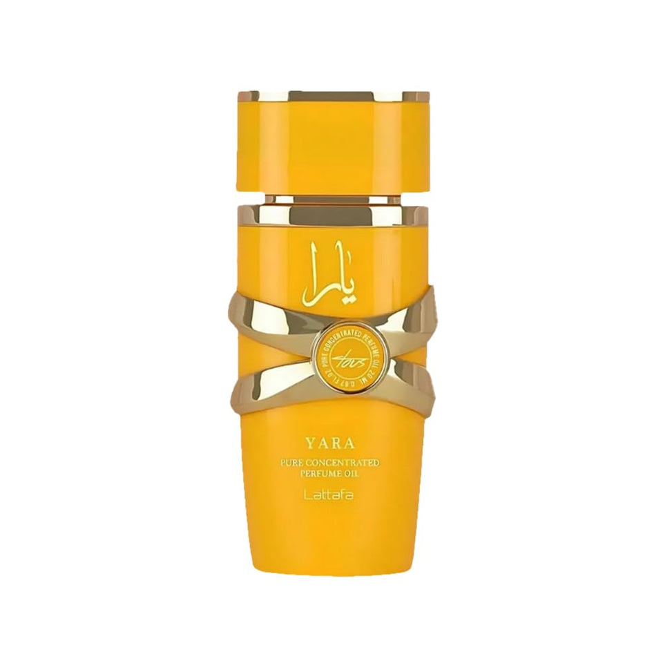 Lattafa Yara Tous front bottle showing elegant compact design and portability benefit