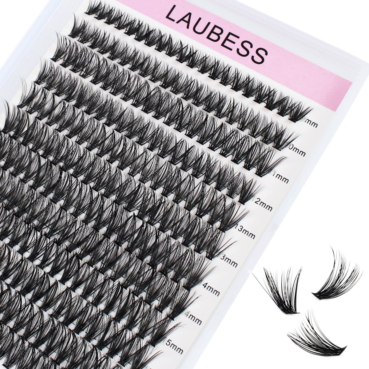 LAUBESS front packaging of cluster lash tray showing mixed lengths and branding benefit convenience