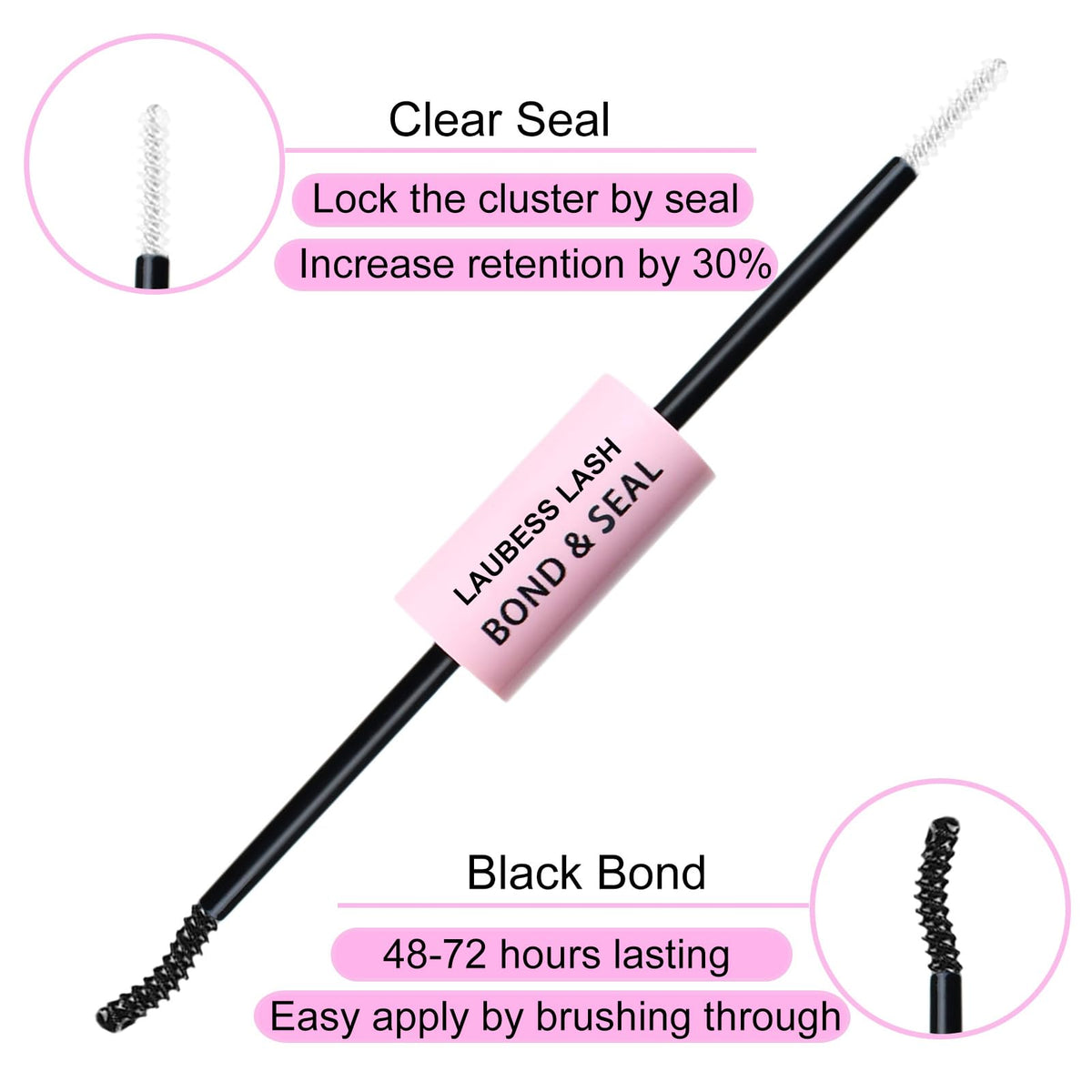 LAUBESS LASH bond and seal close-up showing dual-ended applicator precision