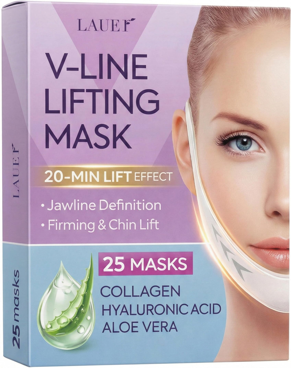 LAUER COSMETIC front packaging showing V-shaped chin patches and 25-piece benefit