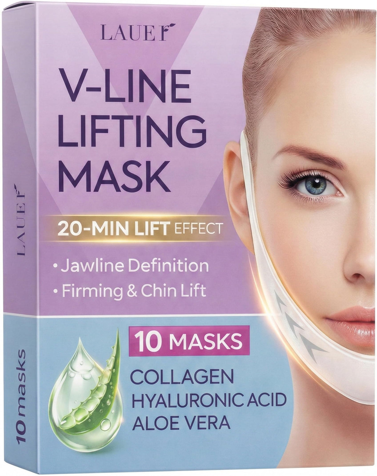 LAUER COSMETIC front packaging showing 10 V‑shaped contouring masks for convenience