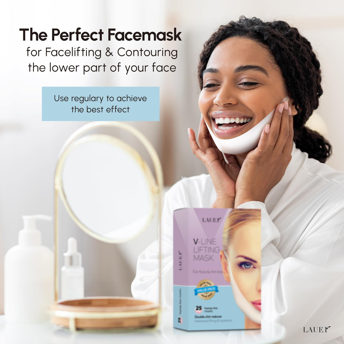 LAUER COSMETIC mask held in hand for scale showing compact travel-friendly size
