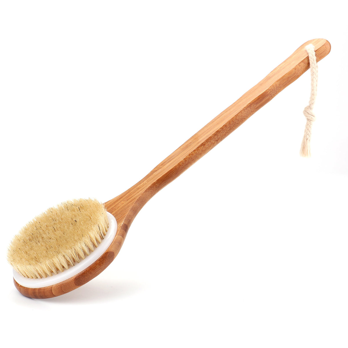 Lauliven front view shower brush showing bamboo handle and bristles, easy exfoliation