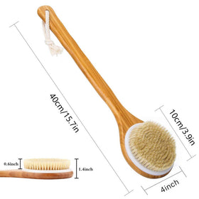Lauliven brush in use on back in shower demonstrating improved reach and cleansing