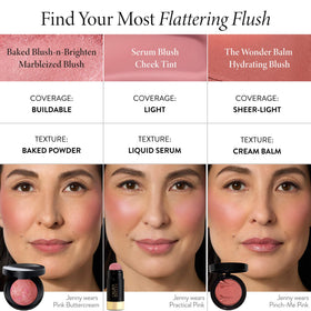 LAURA GELLER NEW YORK model applying blush to cheeks for a lifted youthful finish