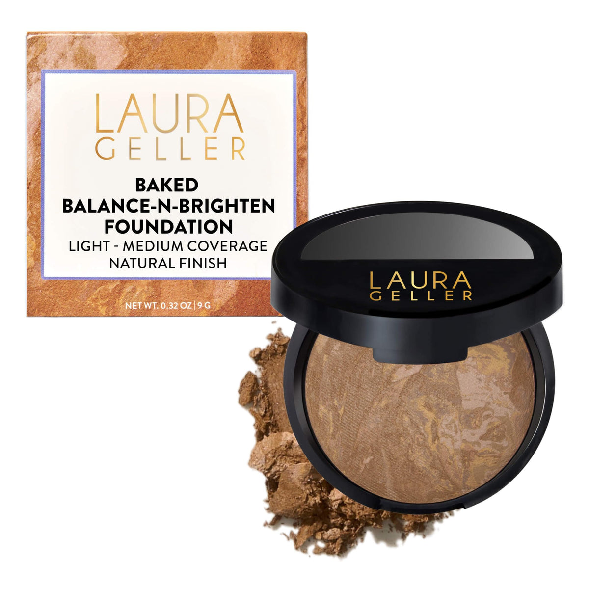 LAURA GELLER front pan view showing finished baked powder and coverage benefit