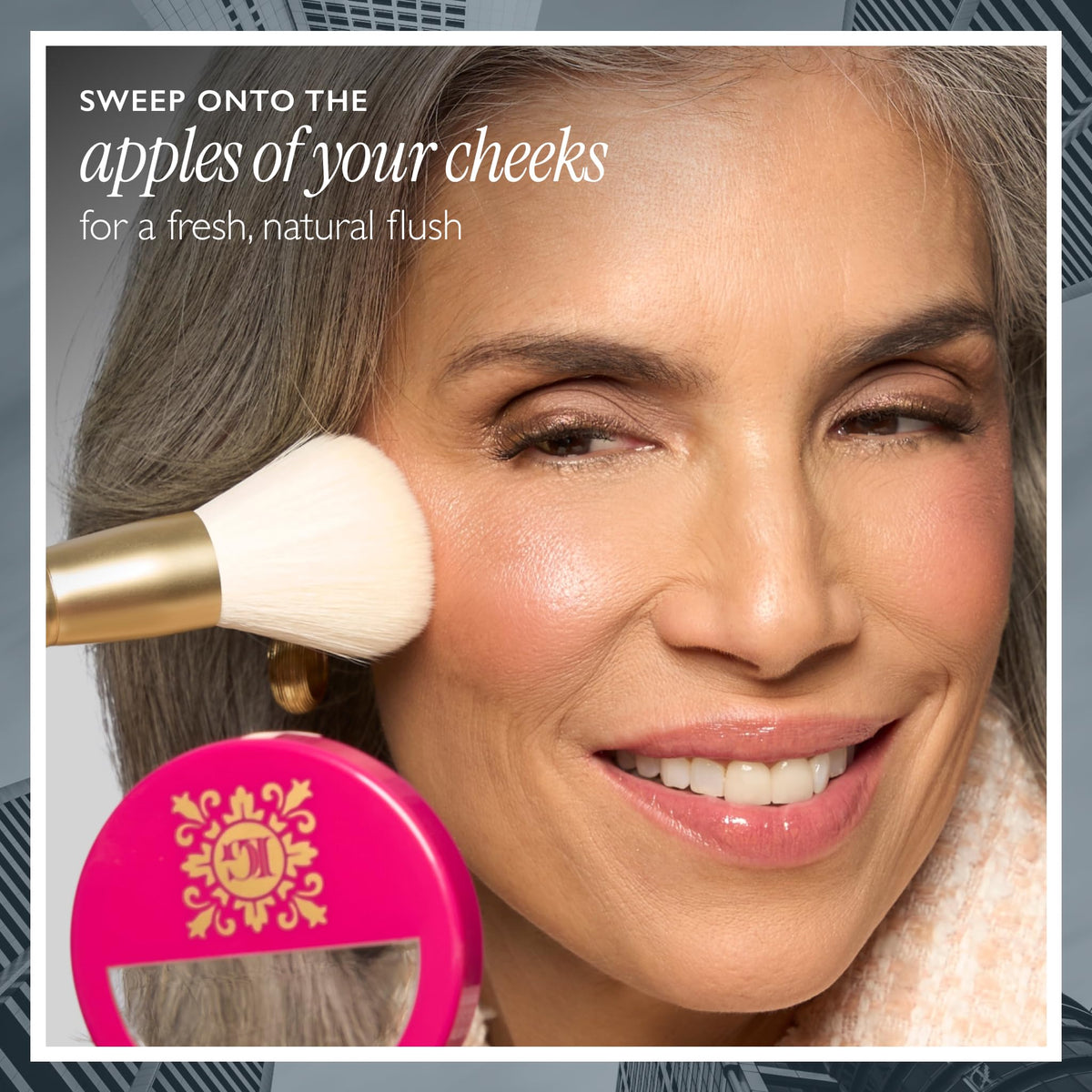 LAURA GELLER blush applied with fluffy brush for seamless blend benefit